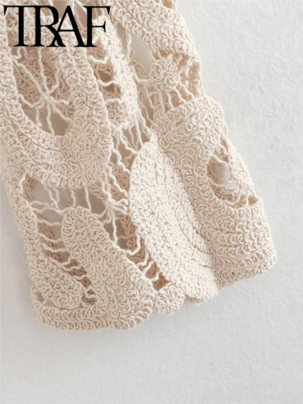 Πλεκτό γυναικείο πουλόβερ με βελονάκι TRAF 2023 Summer Hollow Out Μαύρο μακρυμάνικο φαρδύ πουλόβερ γυναικείο τοπ Y2K Mujar