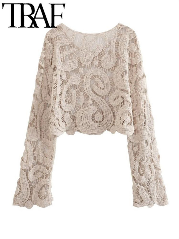 Πλεκτό γυναικείο πουλόβερ με βελονάκι TRAF 2023 Summer Hollow Out Μαύρο μακρυμάνικο φαρδύ πουλόβερ γυναικείο τοπ Y2K Mujar