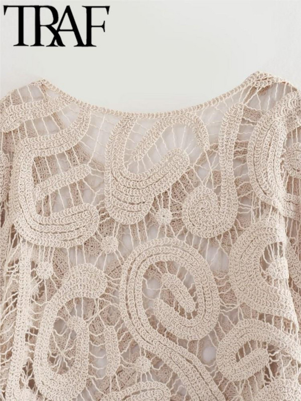 Πλεκτό γυναικείο πουλόβερ με βελονάκι TRAF 2023 Summer Hollow Out Μαύρο μακρυμάνικο φαρδύ πουλόβερ γυναικείο τοπ Y2K Mujar