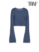 TRAF Γυναικεία Μόδα Cropped Πλεκτό Πουλόβερ Vintage O λαιμόκοψη Γυναικεία πουλόβερ Κομψά μπλουζάκια