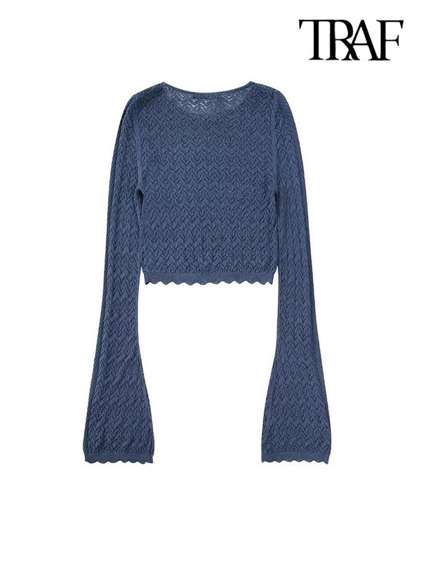 TRAF Γυναικεία Μόδα Cropped Πλεκτό Πουλόβερ Vintage O λαιμόκοψη Γυναικεία πουλόβερ Κομψά μπλουζάκια