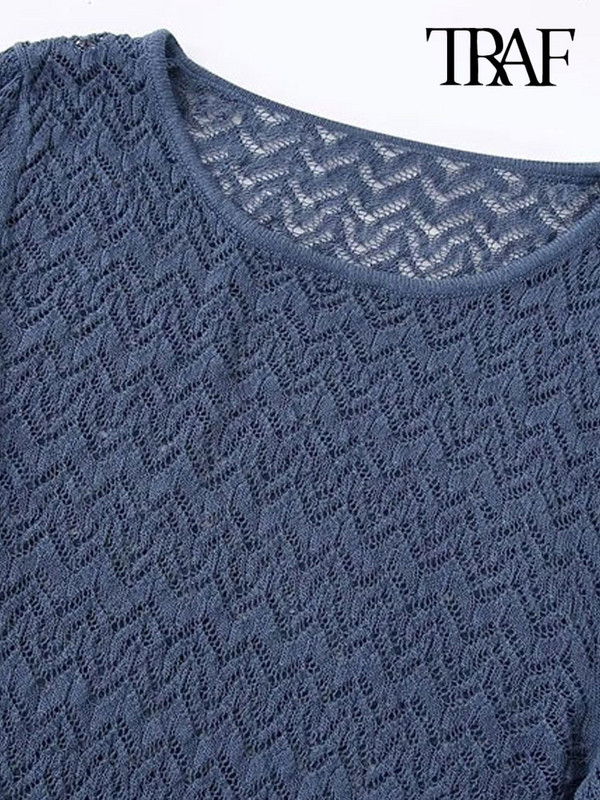 TRAF Γυναικεία Μόδα Cropped Πλεκτό Πουλόβερ Vintage O λαιμόκοψη Γυναικεία πουλόβερ Κομψά μπλουζάκια