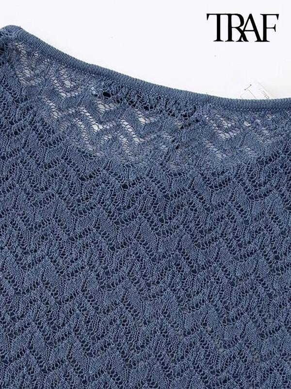 TRAF Γυναικεία Μόδα Cropped Πλεκτό Πουλόβερ Vintage O λαιμόκοψη Γυναικεία πουλόβερ Κομψά μπλουζάκια