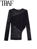 TRAF Y2K Ασύμμετρο μαύρο σέξι κούφιο μικτό πλεκτό γυναικείο πουλόβερ μακρυμάνικο λεπτό πουλόβερ Γυναικείο τοπ φθινόπωρο 2023
