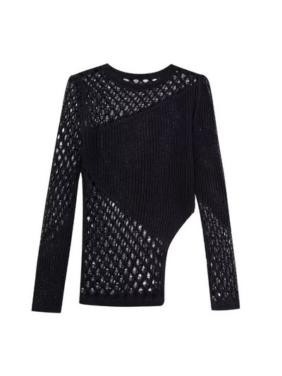 TRAF Y2K Ασύμμετρο μαύρο σέξι κούφιο μικτό πλεκτό γυναικείο πουλόβερ μακρυμάνικο λεπτό πουλόβερ Γυναικείο τοπ φθινόπωρο 2023