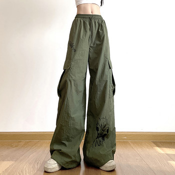 Y2K Γυναικείο παντελόνι Cargo με κορδόνια Streetwear casual μονόχρωμο φαρδύ πόδι φαρδύ ίσιο παντελόνι Κομψό κορεατικό vintage ψηλόμεσο παντελόνι