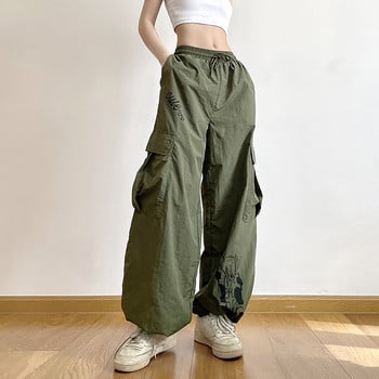 Y2K Γυναικείο παντελόνι Cargo με κορδόνια Streetwear casual μονόχρωμο φαρδύ πόδι φαρδύ ίσιο παντελόνι Κομψό κορεατικό vintage ψηλόμεσο παντελόνι