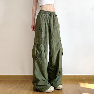 Y2K Γυναικείο παντελόνι Cargo με κορδόνια Streetwear casual μονόχρωμο φαρδύ πόδι φαρδύ ίσιο παντελόνι Κομψό κορεατικό vintage ψηλόμεσο παντελόνι