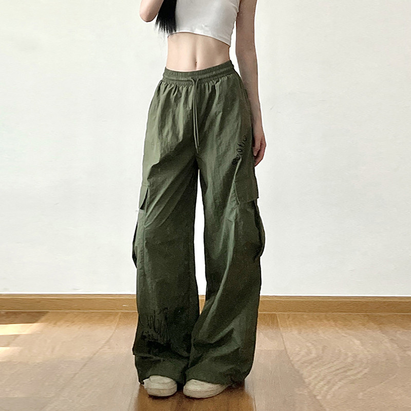 Y2K Γυναικείο παντελόνι Cargo με κορδόνια Streetwear casual μονόχρωμο φαρδύ πόδι φαρδύ ίσιο παντελόνι Κομψό κορεατικό vintage ψηλόμεσο παντελόνι
