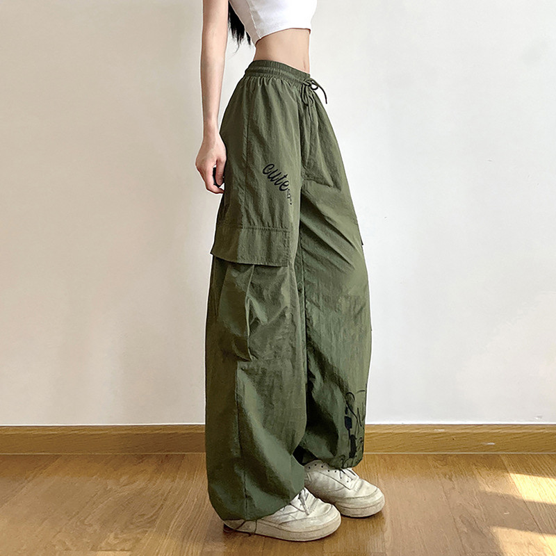 Y2K Γυναικείο παντελόνι Cargo με κορδόνια Streetwear casual μονόχρωμο φαρδύ πόδι φαρδύ ίσιο παντελόνι Κομψό κορεατικό vintage ψηλόμεσο παντελόνι