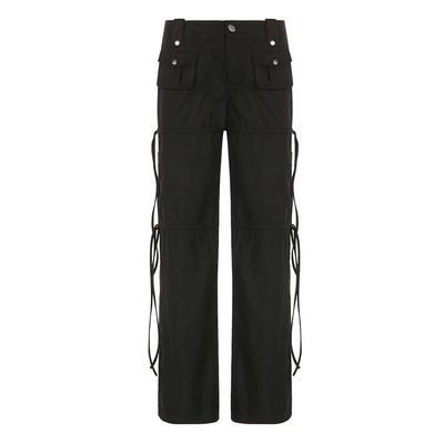 High Street Pocket Belted Patchwork Straight Black Weave püksid – suvise stiiliga, sassis madala vöökohaga vabaaja töörõivaste püksid naistele