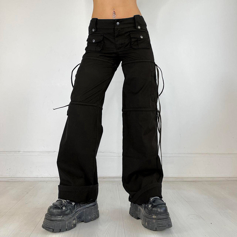 High Street Pocket Belted Patchwork Straight Black Weave püksid – suvise stiiliga, sassis madala vöökohaga vabaaja töörõivaste püksid naistele