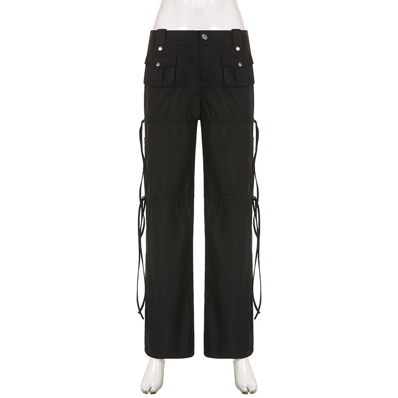 High Street Pocket Belted Patchwork Straight Black Weave püksid – suvise stiiliga, sassis madala vöökohaga vabaaja töörõivaste püksid naistele