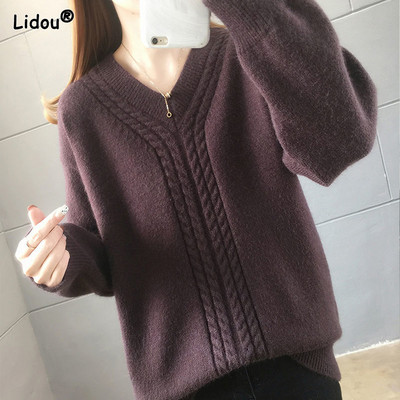 V-kaelusega ühevärviline pullover, avar ja mugav ilma plüüsita, uus stiil sügisel ja talvel naisterõivad, pikkade varrukatega töölkäimiseks