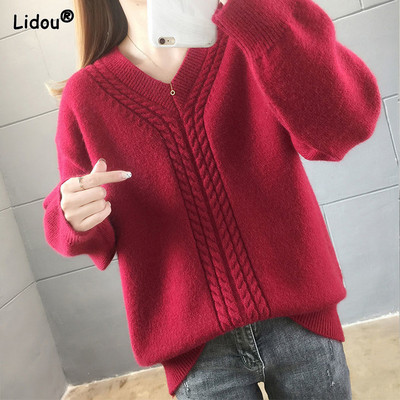 V-kaelusega ühevärviline pullover, avar ja mugav ilma plüüsita, uus stiil sügisel ja talvel naisterõivad, pikkade varrukatega töölkäimiseks