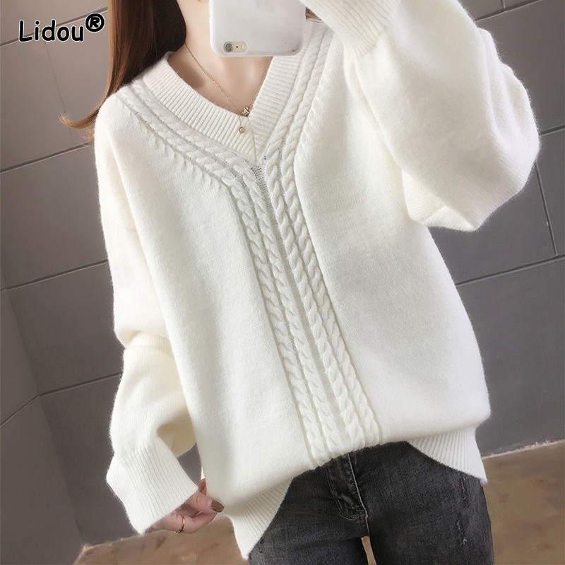 V-kaelusega ühevärviline pullover, avar ja mugav ilma plüüsita, uus stiil sügisel ja talvel naisterõivad, pikkade varrukatega töölkäimiseks