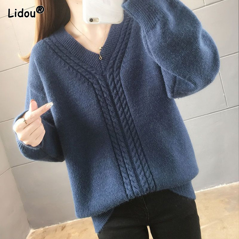 V-kaelusega ühevärviline pullover, avar ja mugav ilma plüüsita, uus stiil sügisel ja talvel naisterõivad, pikkade varrukatega töölkäimiseks