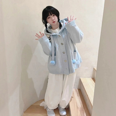 KOSAHIKI Japanski kawaii pleteni kardigan s gumbima Ženski plavi kardigan Damski Harajuku Pulover s kapuljačom za slatku djevojku Jakne Y2k kaput