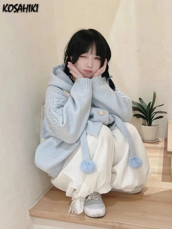 KOSAHIKI Japanski kawaii pleteni kardigan s gumbima Ženski plavi kardigan Damski Harajuku Pulover s kapuljačom za slatku djevojku Jakne Y2k kaput