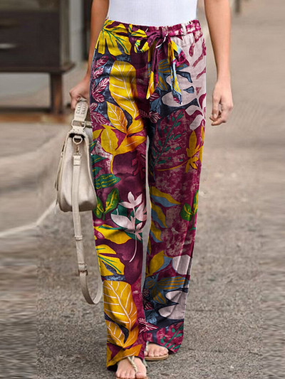 Pamučne lanene hlače Ženske elegancije Ležerne hlače širokih nogavica Opuštene hlače s uzicom s cvjetnim printom Velika veličina 5XL Modne hlače