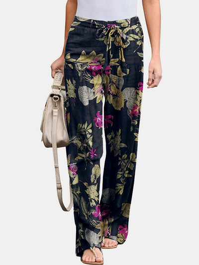 Pamučne lanene hlače Ženske elegancije Ležerne hlače širokih nogavica Opuštene hlače s uzicom s cvjetnim printom Velika veličina 5XL Modne hlače