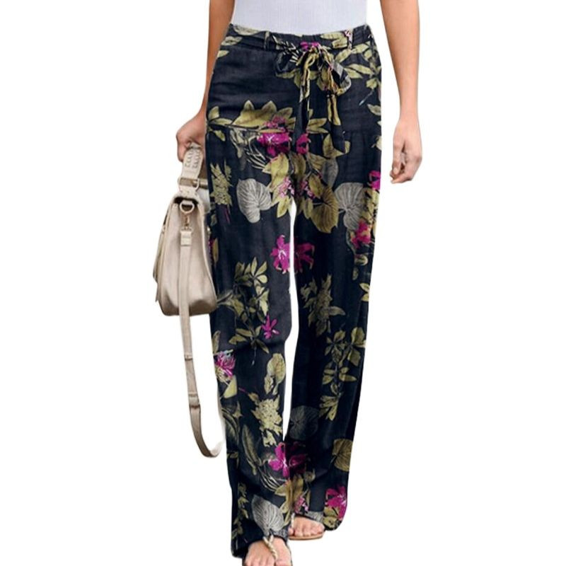 Pamučne lanene hlače Ženske elegancije Ležerne hlače širokih nogavica Opuštene hlače s uzicom s cvjetnim printom Velika veličina 5XL Modne hlače