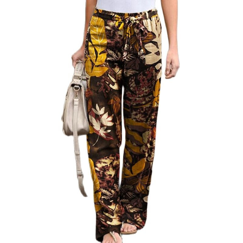 Pamučne lanene hlače Ženske elegancije Ležerne hlače širokih nogavica Opuštene hlače s uzicom s cvjetnim printom Velika veličina 5XL Modne hlače