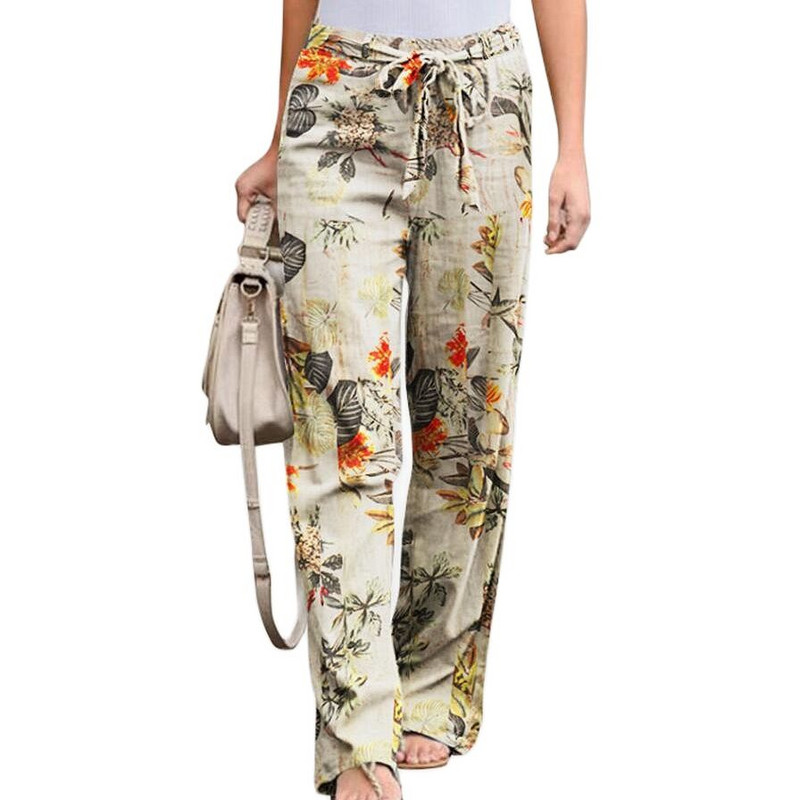 Pamučne lanene hlače Ženske elegancije Ležerne hlače širokih nogavica Opuštene hlače s uzicom s cvjetnim printom Velika veličina 5XL Modne hlače