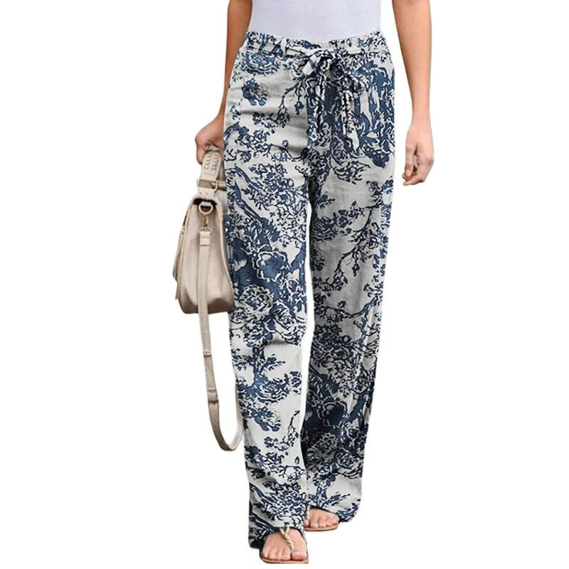 Pamučne lanene hlače Ženske elegancije Ležerne hlače širokih nogavica Opuštene hlače s uzicom s cvjetnim printom Velika veličina 5XL Modne hlače