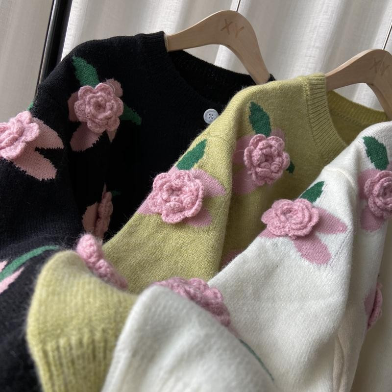 Magusad Harajuku 3d lilledega kardiganid naistele kevad-sügis pikkade varrukatega kaelus Vintage kampsun Naiste kootud ülerõivaste topp