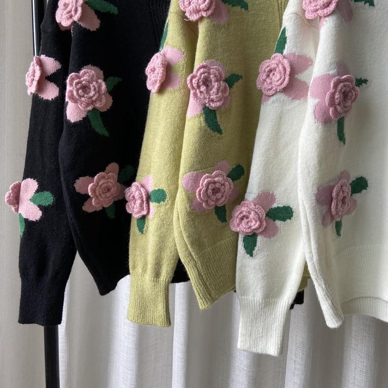 Magusad Harajuku 3d lilledega kardiganid naistele kevad-sügis pikkade varrukatega kaelus Vintage kampsun Naiste kootud ülerõivaste topp