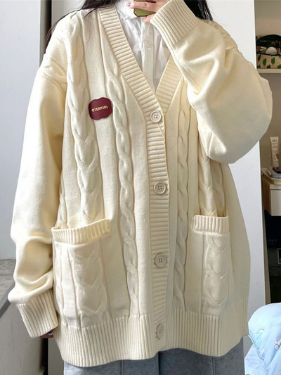 Preppy πουλόβερ Ζακέτα Γυναικεία Υπερμεγέθη Χαλαρή Πλεκτή Ζακέτα Γυναικεία Κορεάτικη μόδα Twist με λαιμόκοψη Harajuku Γυναικείο παλτό πουλόβερ