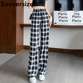 Καρό Spliced Oversized 4xl Καλοκαιρινό φαρδύ παντελόνι Κορεατικό φαρδύ casual ίσιο παντελόνι Γυναικεία μόδα ψηλόμεσο παντελόνι