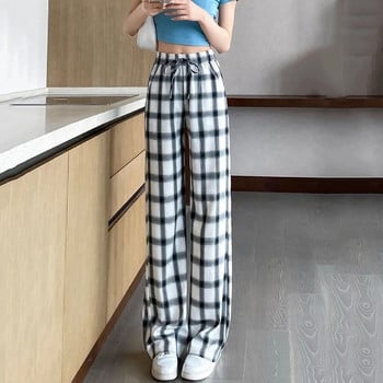 Καρό Spliced Oversized 4xl Καλοκαιρινό φαρδύ παντελόνι Κορεατικό φαρδύ casual ίσιο παντελόνι Γυναικεία μόδα ψηλόμεσο παντελόνι