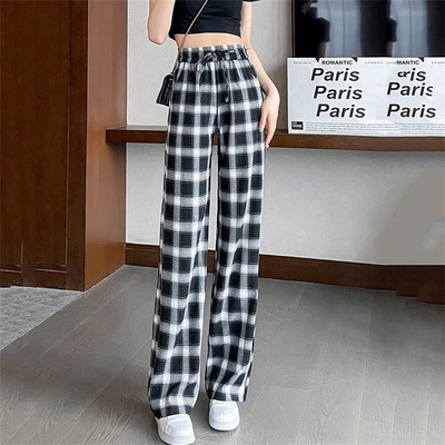 Καρό Spliced Oversized 4xl Καλοκαιρινό φαρδύ παντελόνι Κορεατικό φαρδύ casual ίσιο παντελόνι Γυναικεία μόδα ψηλόμεσο παντελόνι