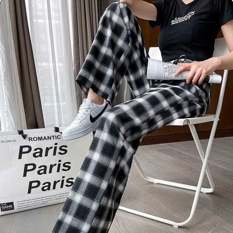 Καρό Spliced Oversized 4xl Καλοκαιρινό φαρδύ παντελόνι Κορεατικό φαρδύ casual ίσιο παντελόνι Γυναικεία μόδα ψηλόμεσο παντελόνι