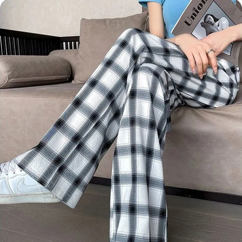 Καρό Spliced Oversized 4xl Καλοκαιρινό φαρδύ παντελόνι Κορεατικό φαρδύ casual ίσιο παντελόνι Γυναικεία μόδα ψηλόμεσο παντελόνι