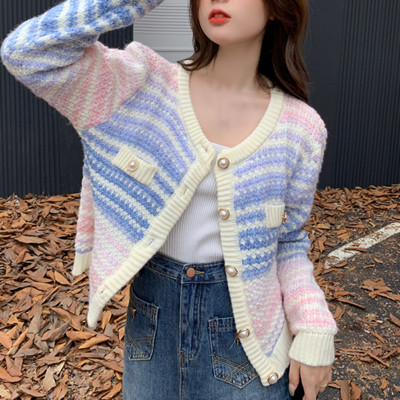 2022. aasta sügise vikerkaarekujuline kootud kampsun, nööbiga pikkade varrukatega vabaaja elegantne naiste kampsun Kawaii Y2k riided Korea stiilis pullover