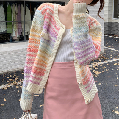 2022. aasta sügise vikerkaarekujuline kootud kampsun, nööbiga pikkade varrukatega vabaaja elegantne naiste kampsun Kawaii Y2k riided Korea stiilis pullover