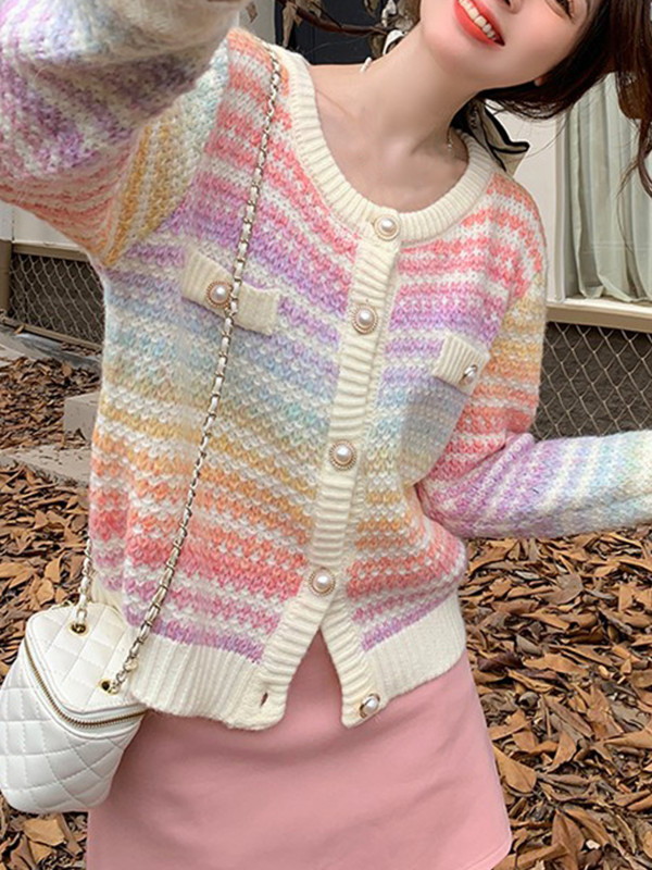 2022. aasta sügise vikerkaarekujuline kootud kampsun, nööbiga pikkade varrukatega vabaaja elegantne naiste kampsun Kawaii Y2k riided Korea stiilis pullover