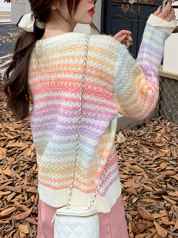 2022. aasta sügise vikerkaarekujuline kootud kampsun, nööbiga pikkade varrukatega vabaaja elegantne naiste kampsun Kawaii Y2k riided Korea stiilis pullover