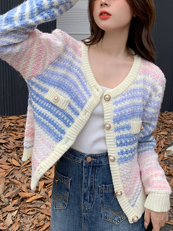 2022. aasta sügise vikerkaarekujuline kootud kampsun, nööbiga pikkade varrukatega vabaaja elegantne naiste kampsun Kawaii Y2k riided Korea stiilis pullover