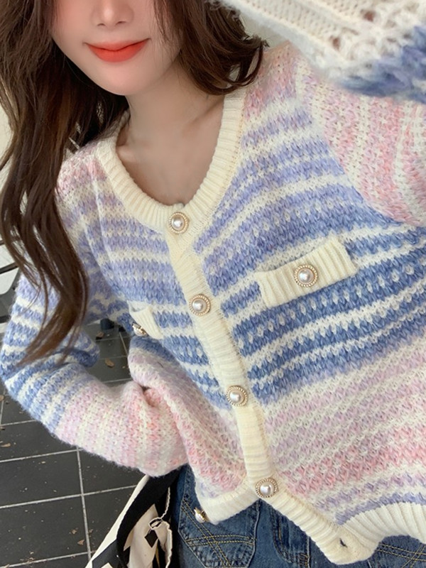 2022. aasta sügise vikerkaarekujuline kootud kampsun, nööbiga pikkade varrukatega vabaaja elegantne naiste kampsun Kawaii Y2k riided Korea stiilis pullover