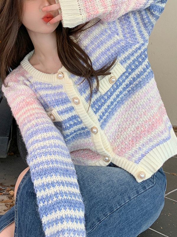 2022. aasta sügise vikerkaarekujuline kootud kampsun, nööbiga pikkade varrukatega vabaaja elegantne naiste kampsun Kawaii Y2k riided Korea stiilis pullover