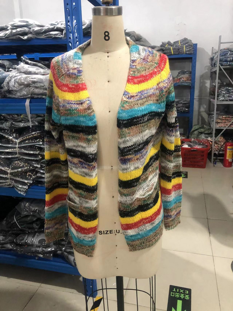Hulgimüük sügismood vikerkaaretriibulised naiste vabaaja kampsun kardigan pikkade varrukatega värviline kampsun jakk
