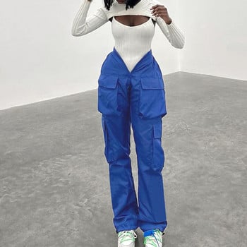 Γυναικείο παντελόνι Casual Hip-hop στυλ ίσιο Παντελόνι με γερανό μεγάλη τσέπη Μπλε με λαιμόκοψη V διακριτικό στενό στη μέση casual παντελόνι Y2K