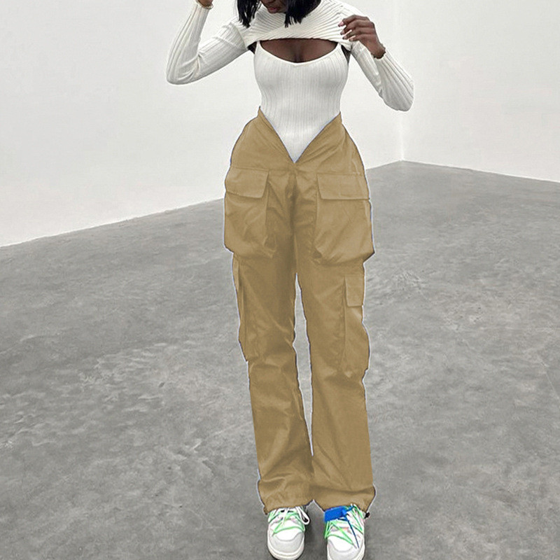 Γυναικείο παντελόνι Casual Hip-hop στυλ ίσιο Παντελόνι με γερανό μεγάλη τσέπη Μπλε με λαιμόκοψη V διακριτικό στενό στη μέση casual παντελόνι Y2K