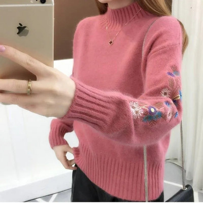 Modni samostojeći ovratnik Jednobojni vezni pulover Ženska odjeća Novi jesen 2023. Široki puloveri dugih rukava Korejski pleteni topovi