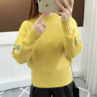 Modni samostojeći ovratnik Jednobojni vezni pulover Ženska odjeća Novi jesen 2023. Široki puloveri dugih rukava Korejski pleteni topovi