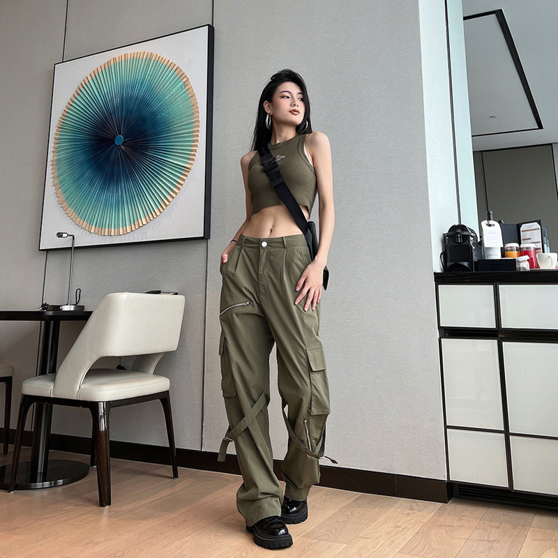 UHYTGF kevadsügised kaubapüksid naiste retro mitmetaskulised püksid Hip Hop lahtised sirge silindriga uued naiste püksid15